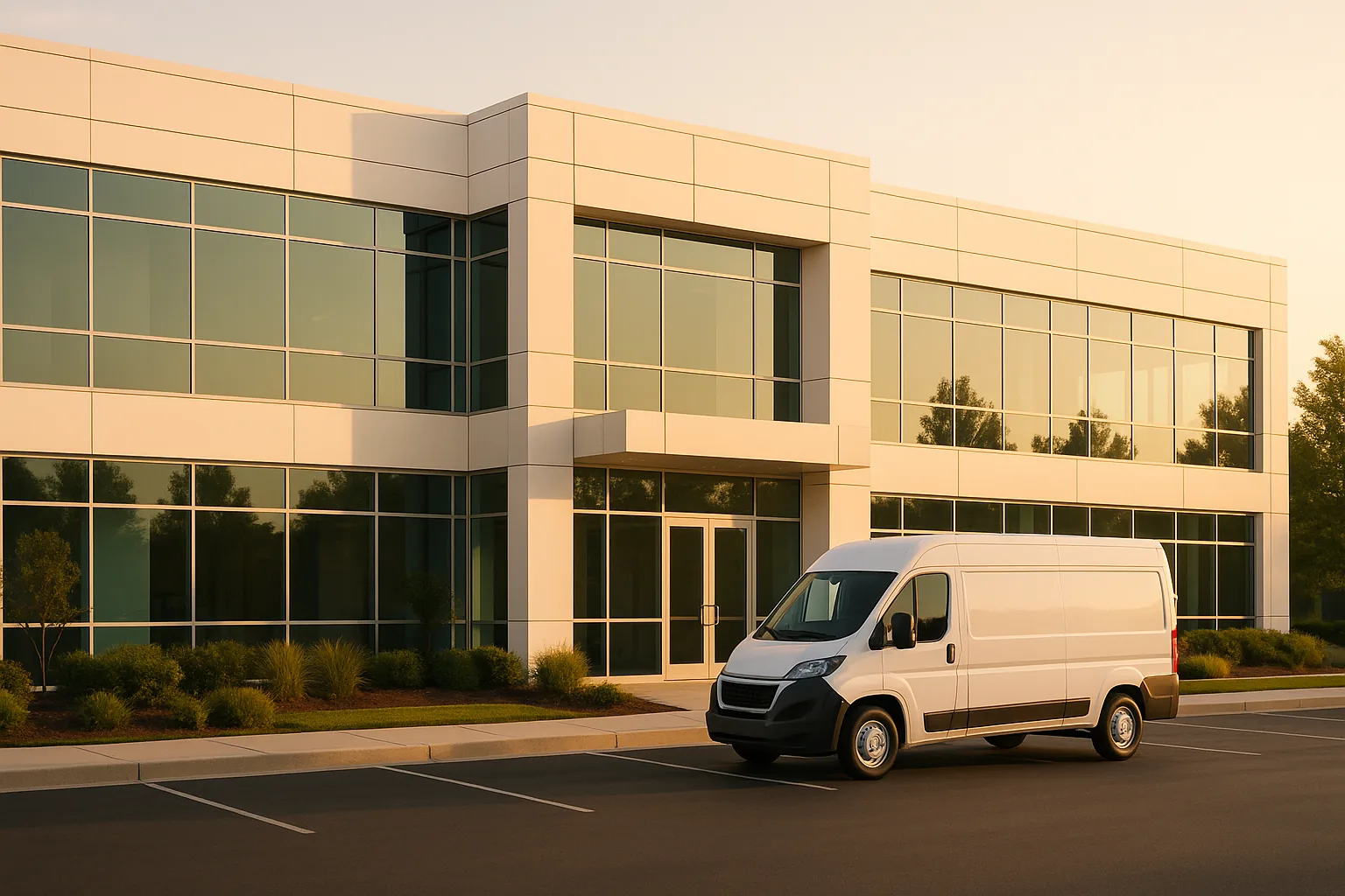 Modern OmniLab Diagnostics medical office building with a mobile collection van parked outside at golden hour