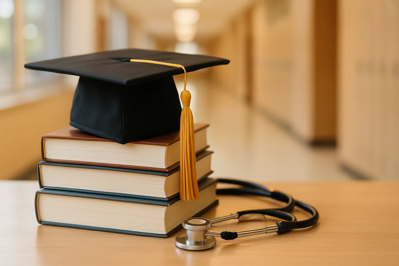 Graduation cap on a stack of textbooks beside a stethoscope in a school hallway